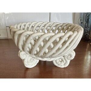 Vtg Handmade Ceramic Reticulated Woven Basket Lattice Footed Bowl Portugal Spain